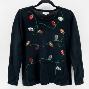 Croft & Barrow Sweater Black Sequins Christmas Lights Holiday S